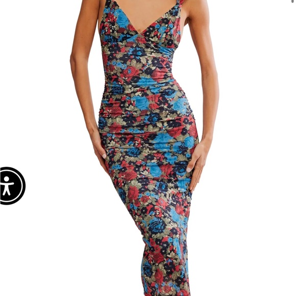 Floral Slip Midi Dress in Blue & Red - Picture 2 of 3